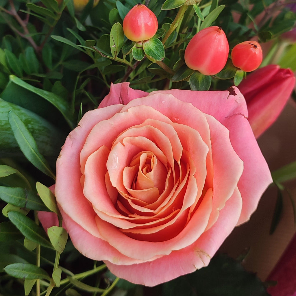 Coral rose and tulip bouquet